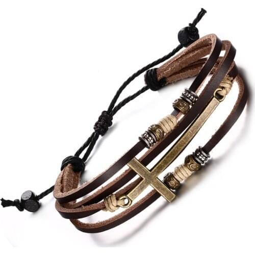 2021 European And American Fashion Retro Style Cowhide Cowhide Alloy Material Cross Drawstring Bracelet Suitable For Men