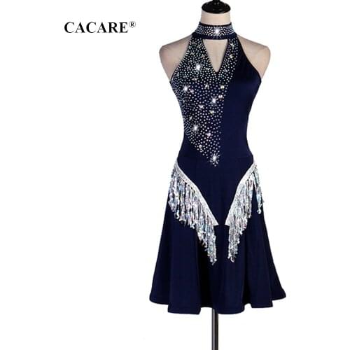 Latin Dance Dress Women Latin Dance Competition Dresses Fringed Salsa Blue D0644 Rhinestones Sequins Tassels Hem