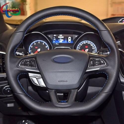 DIY Non-Slip Black Leather Car Steering Wheel Cover For Ford Focus ST 2015-2018 Fiesta RS 2015-2018 Fiesta ST 2015-2018