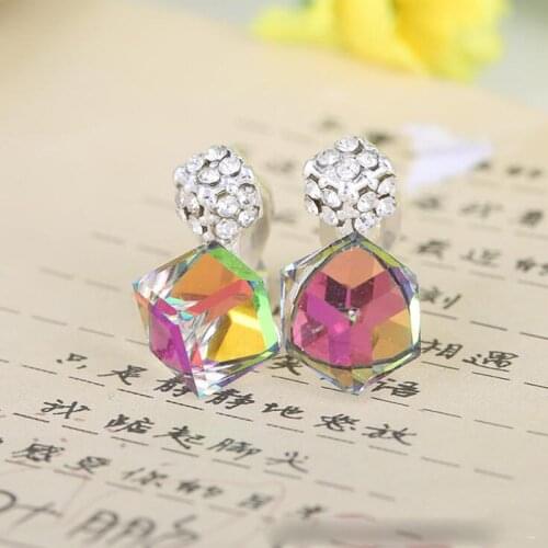 Grace Jun(TM) High Quality Colorful Crystal Rhinestone Cube Shape Clip on Earring No Pierced for Women Party Fashion Ear Clip