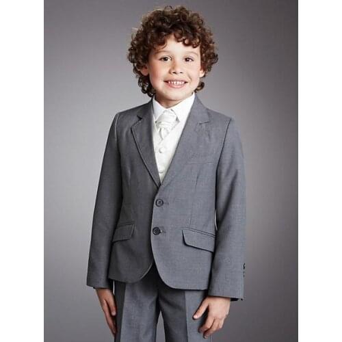 Tailored boy flower girl dress peak lapel 2 children daily dress button gray three-piece (coat + pants + jacket)