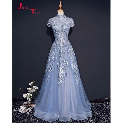 Jark Tozr Custom Made China Online Shop High Neck Short Sleeve Zipper Up Lace Tulle Formal Evening Dresses Vestido De Festa