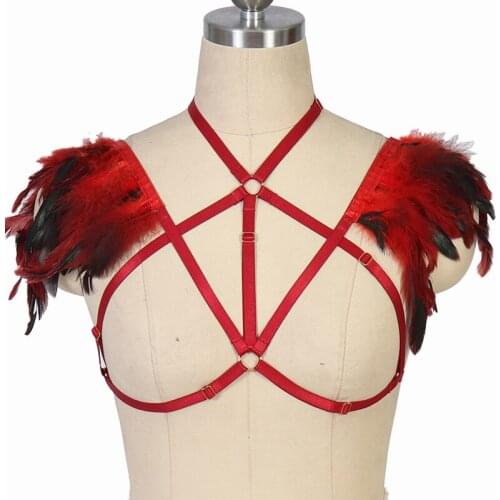 JLX.HARNESS Open Chest Bra Red Feather Wings Sexy Lingerie Body Bondage Harness Woman Goth Rave Feather Party Body Harness Belt