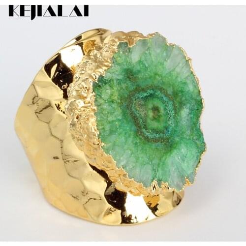 KEJIALAI Luxury Jewelry Green Quartz Crystal Semi Precious Stone Golden Frame Charms Adjustable Open Unisex Ring Party Jewelry