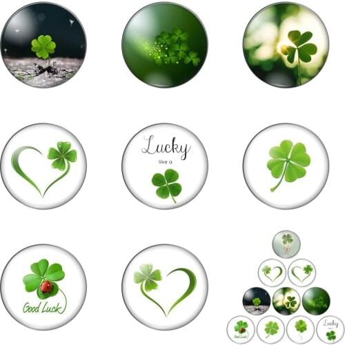 Lucky Four-leaved Clover Lovely Green Plants 12mm/20mm/25mm/30mm Round Photo Glass Cabochon Demo Flat Back Making Findings