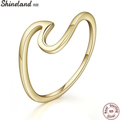 Shineland Brand Simple Wave Gold Silver Color 100% 925 Sterling Silver Finger Rings Women Girl Fashion Bijoux Party Wedding Gift