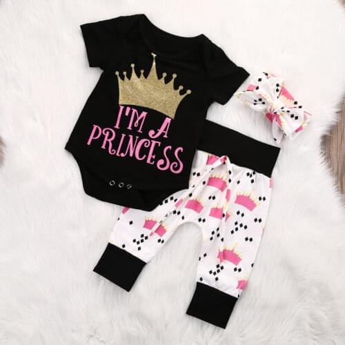 Three-piece Baby Crown 0-18M Girl Crown Set Princess Romper Girls Kids Tops+Long Pants+Headband Party Outfits