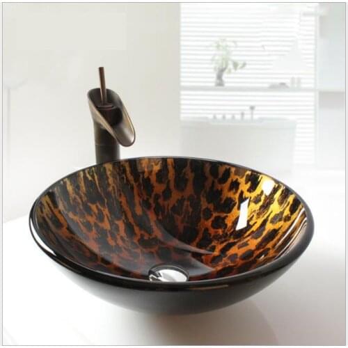 Bathroom round Glass Vessel Sink +Bronze Faucet & Matching Drain