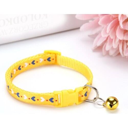 Yellow Cute Love Heart Patterns Neck Strap Adjustable Buckle Cat Dog Collar With Bell Cat Puppy Dog Supplies Accessories
