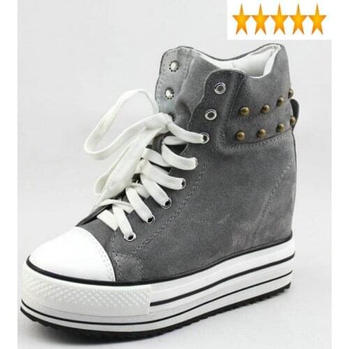 Fashion Cow Suede Platform Spring Height Increase Shoes Woman 10CM Thick Sole Lace Up Rivet Wedges Pumps Sapatos Feminino 34-40