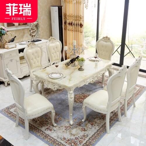 European-style marble dining table and chair solid carved leather rectangular dining room combination dining table
