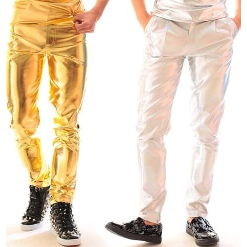 Stage personality men gold pants leather pant men feet trousers singer dance rock pantalon homme street silver style novelty
