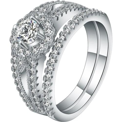 New Micro Pave Cubic Zirconia White Flower Ring Sets Silver Color Beautiful Double Plant Engagement Rings For Women Accessories