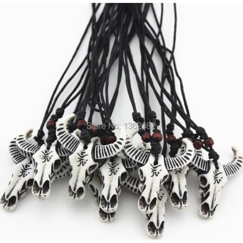 Wholesale 12 pcs Cool Imitation Yak Bone Carved OM Tribal Cow Bull Head Skull Pendant Necklace Gift MN108