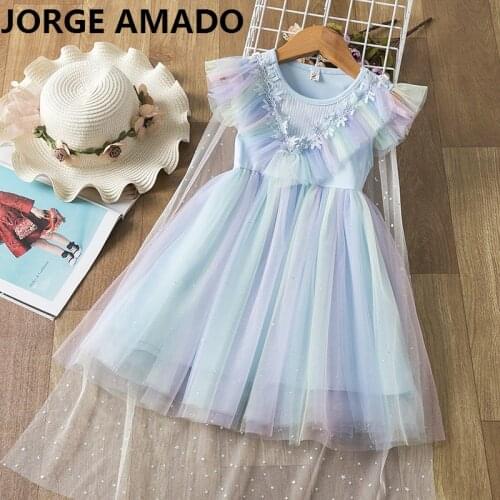 Girl Starry Sky Dress Sequins Lace Blue Sundress Sleeveless Princess Dress Clock can Remove Baby Clothes E81203