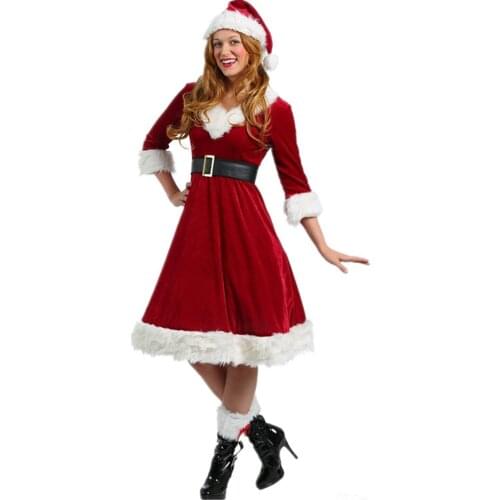 XMAS Velvet Miss Santa Claus Costume Sexy Ladies Christmas Sweet Red Fancy Dress