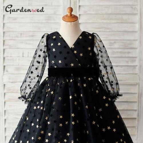 Shiny Star Girl Party Dress Illusion Sleeve Aline Baby Girl Dress Tulle Velvet Bow Girl Birthday Dress New Year 2021 Simple