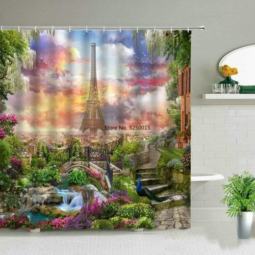 Retro Paris Street Tower Print Shower Curtains Hand Painted Design Bathroom Home Decor Waterproof Bathtub Hanging Curtain Set