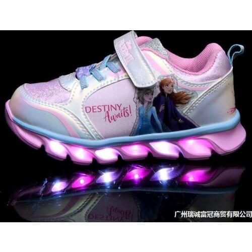Disney girls sports shoes spring summer new high-top childrens casual shoes LED light rubber artificial leather elsa shoes