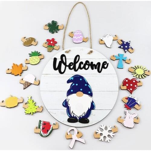Welcome Sign for Front Door with 19-PC Interchangeable Seasonal Icons Farmhouse Wooden Wall Hanging for Halloween Christmas