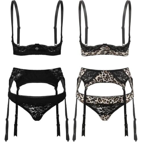Womens Erotic Lace Trim Lingerie Set Adjustable Straps 1/4 Underwired Open Cups Bra with Garter Belt and Thong Briefs Underwear