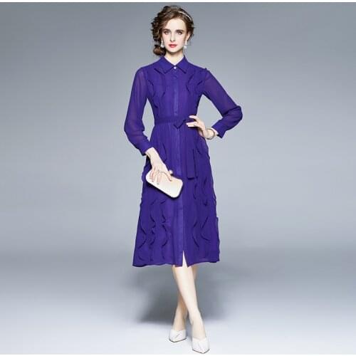 2021 New Women Spring Summer Elegant Chiffon Dress Shirt High Quality Office Cocktail Party Robe Femme Ruffle Designer Vestidos
