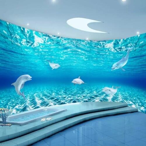 3D Stereo Dolphin Aquarium Mural Wallpaper Self-Adhesive Waterproof Bathroom Childrens Bedroom Wallpaper Backdrop Wall Covering