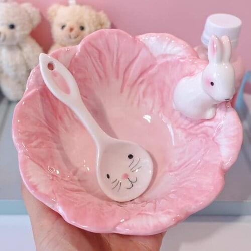 Lovely Girl Heart Little Rabbit Ceramic Rice Bowl Fruit Salad Creative Tableware Student Pink Cabbage Bowl