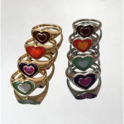 Ins Fashion Creative Simple Colorful Double Layer Love Heart Ring For Women Cute Vintage Drop Oil Heart Rings Girls Jewelry 2021