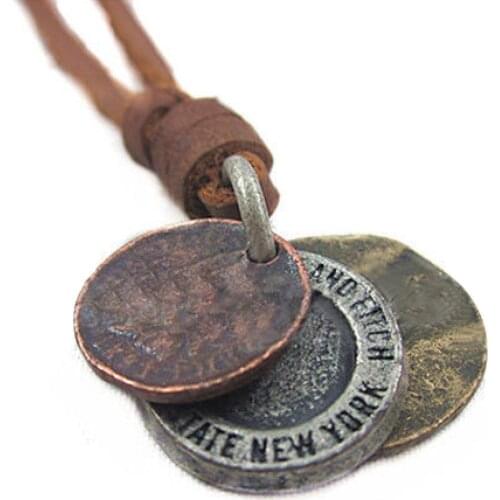 Fashion Mens Womens Charm Choker 3 Coins Pendant Genuine Leather Necklace