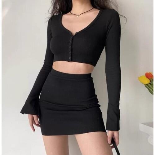 Birthday Outfits 2 Piece Set Women Skirt And Top Long Sleeve V Neck Crop Top High Waisted Mini Skirts Yk2 Streetwear