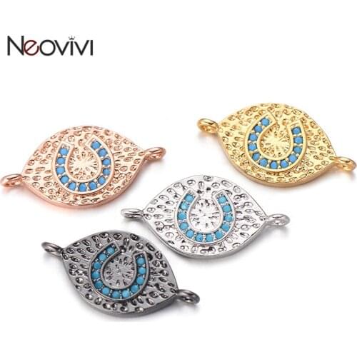 Neovivi Oval Charm with U-shape Letter Beads Micro Pave Blue Zircon Charms for Jewelry Making DIY Bracelets Necklace Women Craft