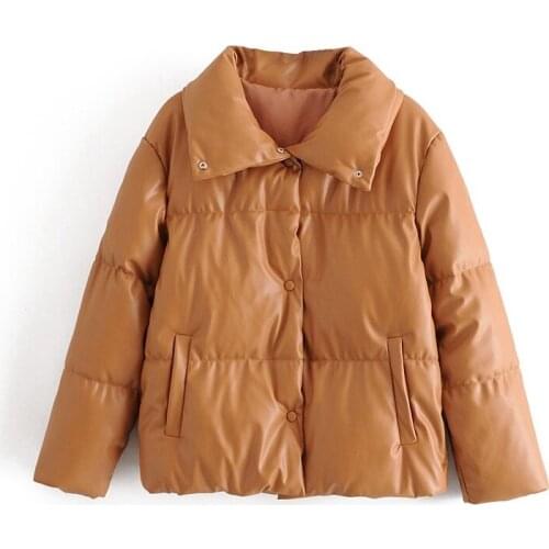 Women Brown Fur Faux Leather Parkas Coat Oversized Buttons 2020 Winter Female Pu Turn Down Collar Jacket Overcoat