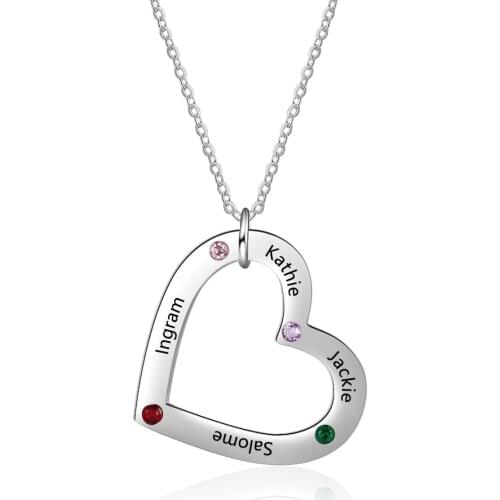 Personalized Necklace Stainless Steel Heart Pendant Engraved 4 names DIY Birthstones Custom Jewelry Anniversary Gift for Women