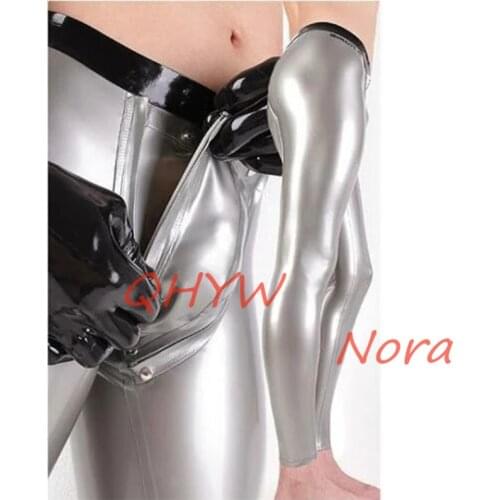Sexy Silver Latex Men Pants Codpieces with Socks Front Zipper Rubber Trousers Jeans Customize