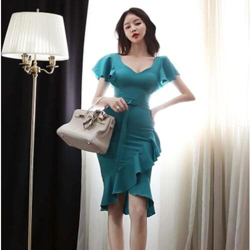 New Summer V-Neck Lace-Up Ruffles Dresses Korean Bodycon Pencil Sheath Dress Elegant Simple Knee Length Office Party Vestidos