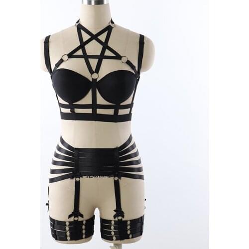 JLX.HARNESS Pentagram Body Harness BDSM Bondage Garter Belt Set Black Elastic adjust Strap Lingerie HarajukuGoth Fetish harness