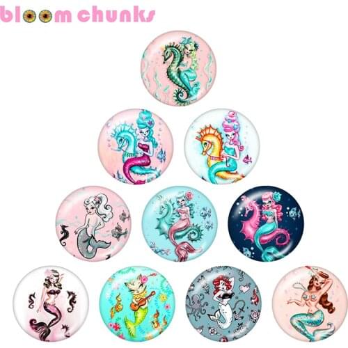 Mermaid Girls seahorse Cartoon Round glass cabochon jewelry flat back Making findings snap button C1543