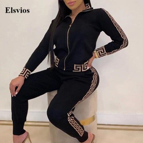 Casual Zip-up Stand Collar Tracksuit Outfits Autumn Vintage Pattern Print Patchwork Tops And Pant Sets Sports Women 2 Piece Suit