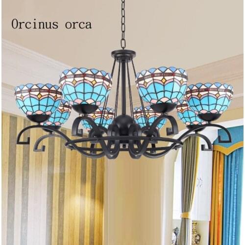 Mediterranean retro stained glass chandelier living room bedroom pastoral village LED drawing creative personality Chandelier