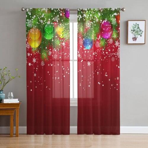 Christmas Tree Christmas Ball Snowflake Tulle Curtains for Living Room Decoration Modern Chiffon Sheer Voile christmas curtains