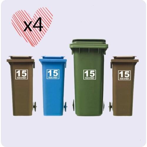 4 x WHEELIE BIN NUMBERS CUSTOMIZED HOUSE AND ROAD/STREET NAME VINYL GRAPHIC STICKERS