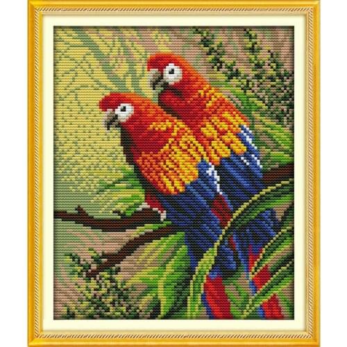 Joy Sunday Two Parrots Cross Stitch Printed Canvas for Embroidery Kit 14CT Animal Fabric Counted DIY Needlework DMC Home Decor