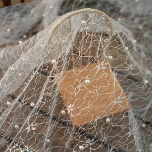 1Meter 150 CM Width White Pearl Beaded 3D Lace Fabric Mesh For Wedding Dress Handmade Home Textile Clothing Sewing Materials DIY
