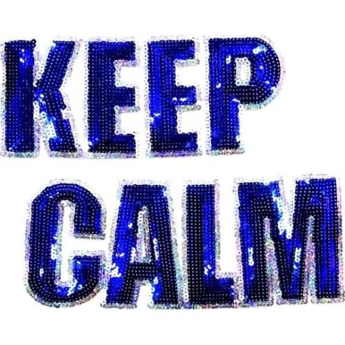 1 Set Blue Sew on Iron on KEEP CALM Sequins Patch Stickers for Clothing Fashion Letters Sequined Applique Patches Handmade DIY