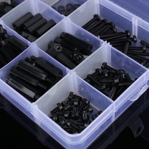 260Pcs/Set M3 Nylon Hex Spacers Screw Nuts Bolt Assortment Kit Stand-off Set With Box Black High Quality