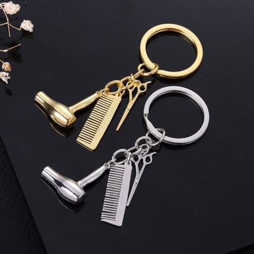 Hair Stylist Essential Hair Dryer Scissors Comb Decorative Keychains Hairdressers Gift Key Rings Hair Dryer Letter Keyring 2021