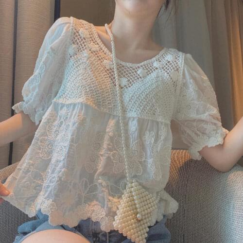 Blouse Women Shirt Lace Doll Shirt Puff Sleeve Hollow out White Shirt Womens Summer Blusas Mujer De Moda