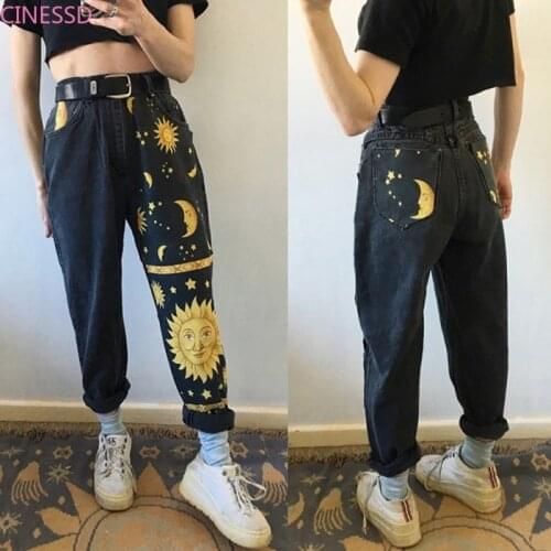 Fashion Sun Star Printed Pants Jeans Women Autumn Black High Waist Young Girls Chic Denim Trousers Woman Cool Boyfriends Jeans