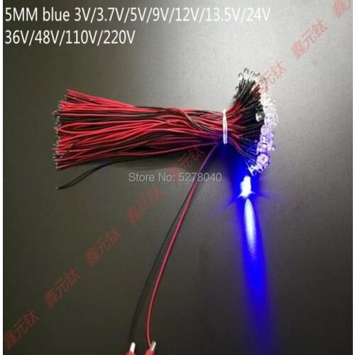Blue 5mm led beads 3v 3.7v 5v 9v 12v 13.5v 24v 36v 48v 110v 220v 19cm wire Low power energy-saving wire lamp 10pcs/lot